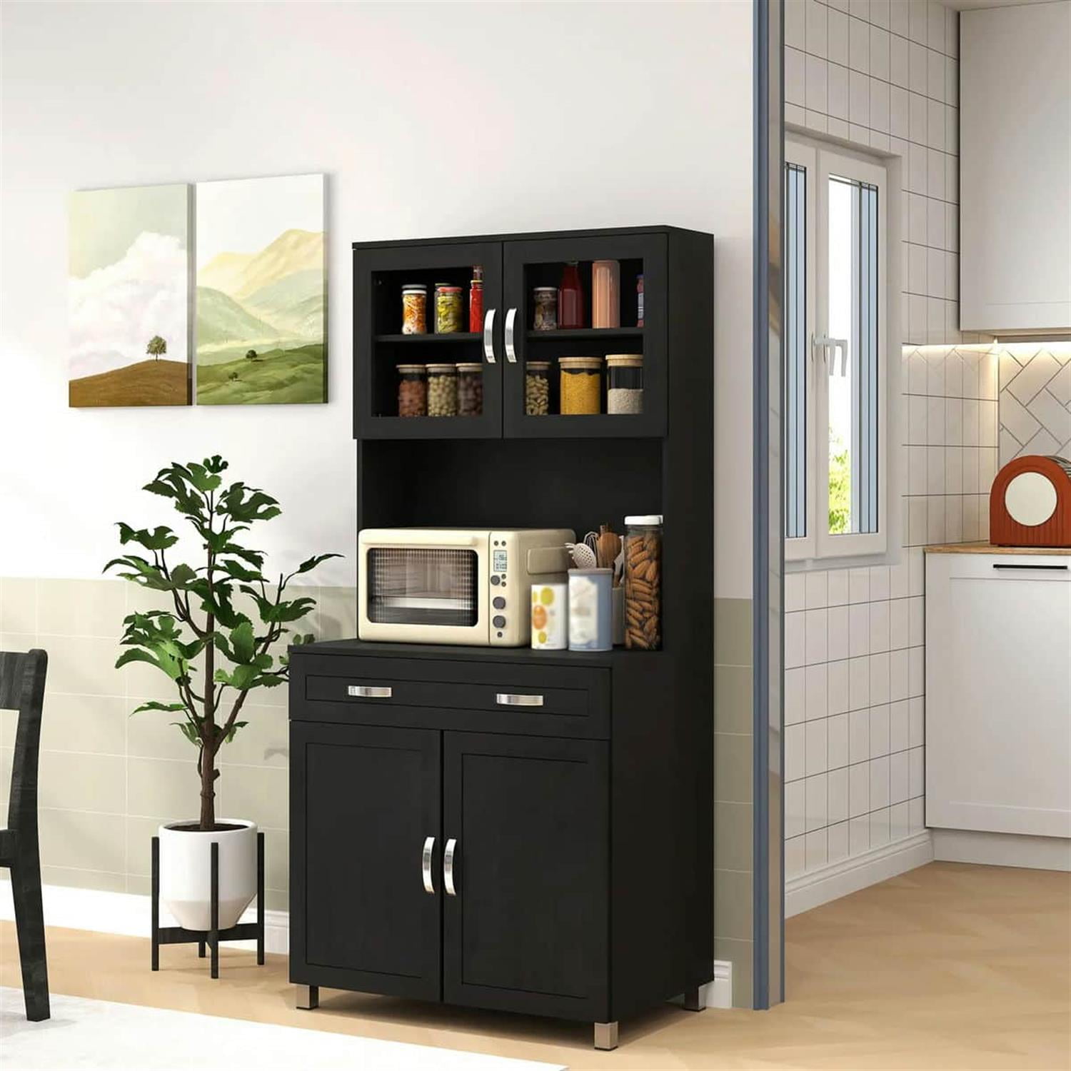 Demi Bonn 67" Buffet Hutch, Modern Kitchen Storage Cabinet, Freestanding Glass Door Pantry, Shelves & Drawers for Home Decor, Black