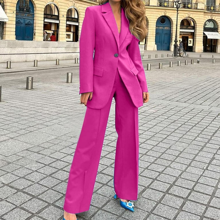 FAIWAD Women's 2 Piece Lapels Button Slim Office Formal Blazer with Loose  Long Pant Suit Business Sets 
