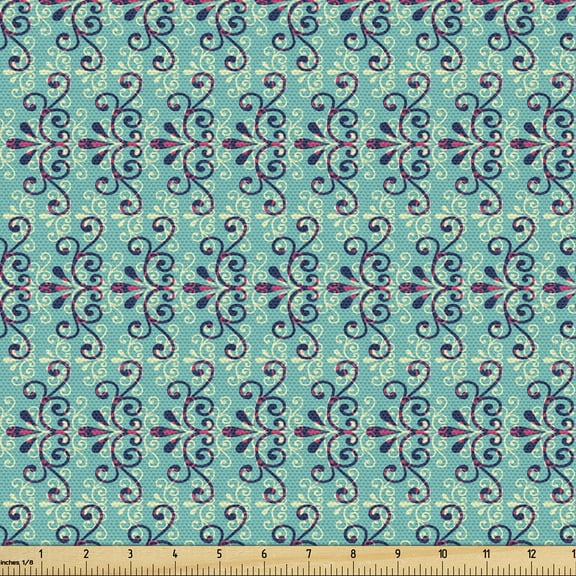 Oriental Fabric by the Yard, Victorian Style Swirls and Curves, Upholstery Fabric for Dining Chairs Home Decor Accents, Seafoam Dark Purple by Ambesonne