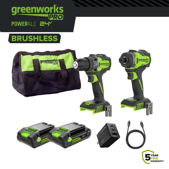 Greenworks Pro 24V 530 lbs Drill/Driver and 2,200 lbs Impact Driver and Battery CK521A1