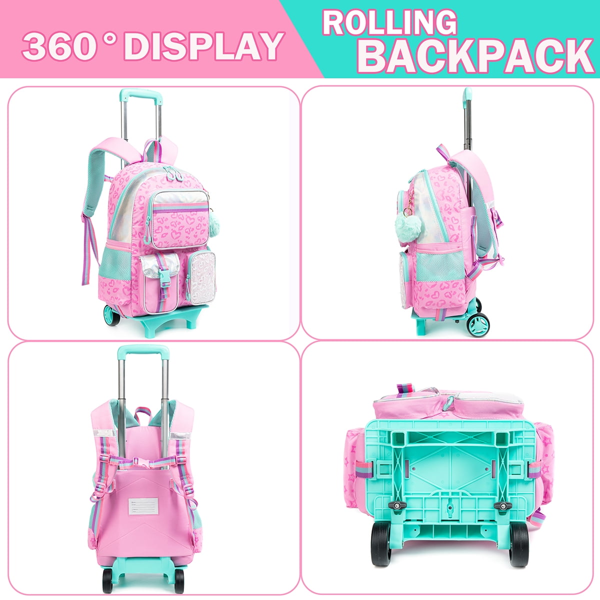 Pink Kids Rolling Backpack for Girls with Wheels Roller School Backpacks with Lunch Box Pen Bag 3 In 1 for Elementary Students
