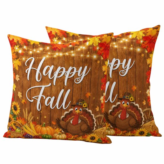 Happy Fall Outdoor Waterproof Pillow Covers, Thanksgiving Turkey Pumpkins Maple Leaf Wooden Decorative Square Throw Pillowcase Sofa Cushion Sham for Patio/Couch/Chair, 18"x18" 2 Pack