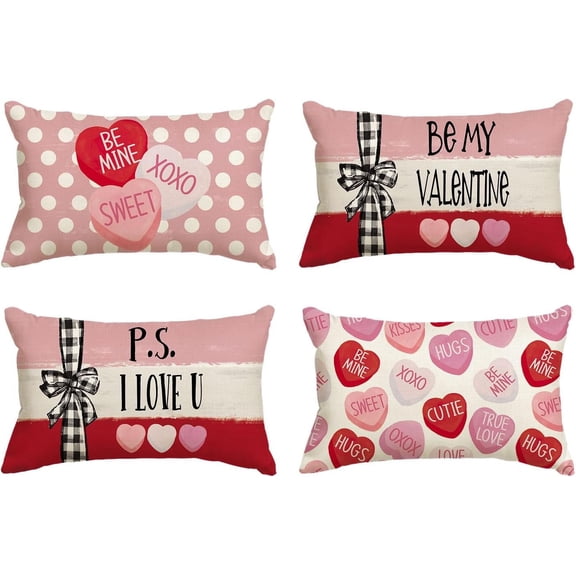 Be My Valentine Red Candy Heart Throw Pillow Covers, 12 x 20 Inch Valentine Stripes Wedding Cushion Case Decoration for Sofa Couch Set of 4
