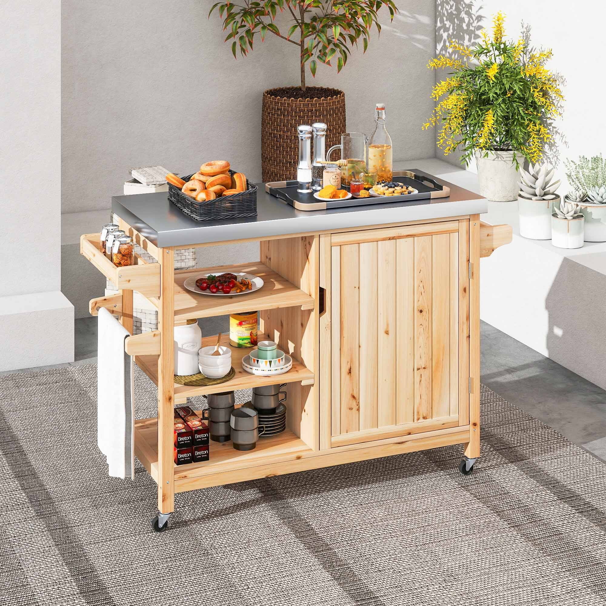 Uforic Outdoor Grill Table Solid Wood Storage Cabinet, Rolling Kitchen Island, Movable Bar Cart with Stainless Steel Top