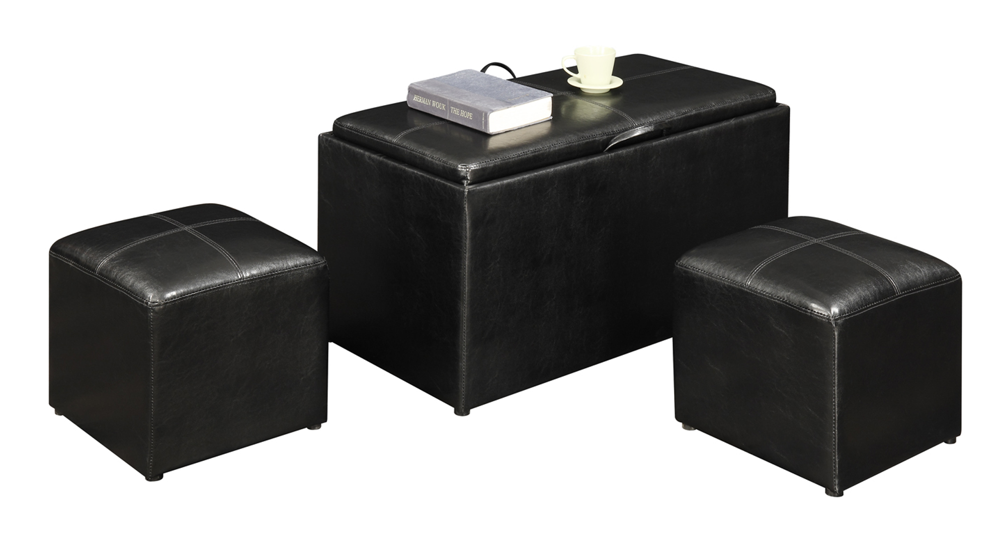 Convenience Concepts Designs4Comfort Sheridan Storage Bench with Reversible Tray and 2 Side Ottomans, Black Faux Leather - image 4 of 7