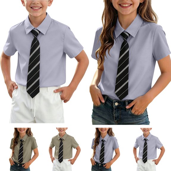 hoksml Kids Button Down Shirt with Tie, Boys and Girls Short Sleeve Collared Uniform Top, Preppy Style School Shirt for Back to School