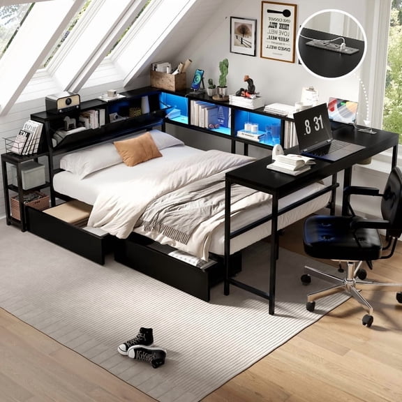 Mirightone Twin Bed with Storage Drawers, Twin Size Daybed with Desk and LED Light for Teens Adults, Black