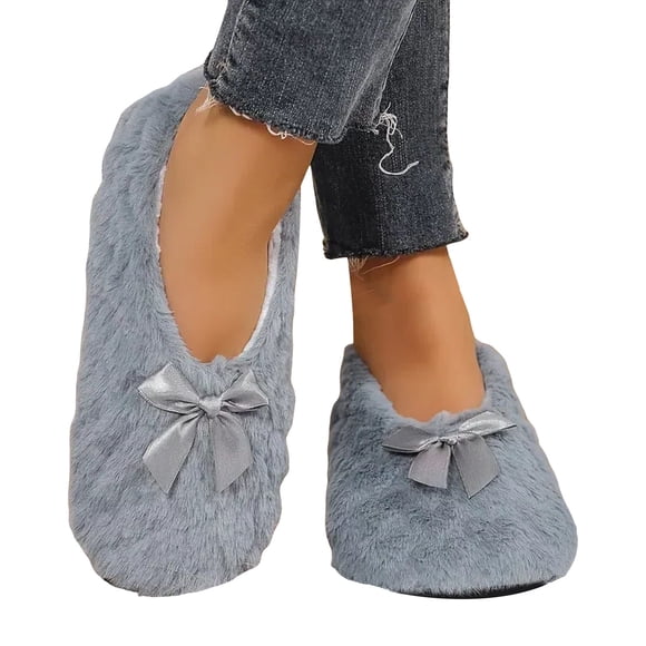 Womens Ballerina Slippers with Satin Bow Ladies Bedroom House Flat Shoes Winter Warm Indoor Fuzzy Plush Memory Foam Slip on