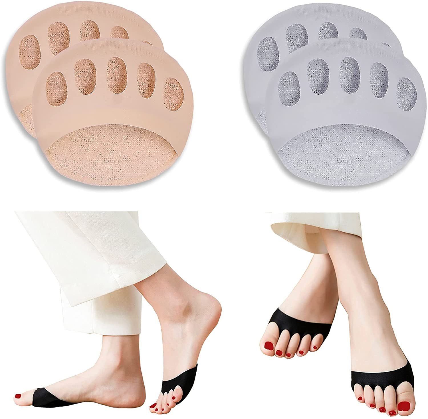 2 Pairs Reusable Honeycomb Fabric Forefoot Pads Soft Ball of Foot Cushions Metatarsal Pads for Women Men Prevention Pain Relief (Beige,Grey)By Torubia