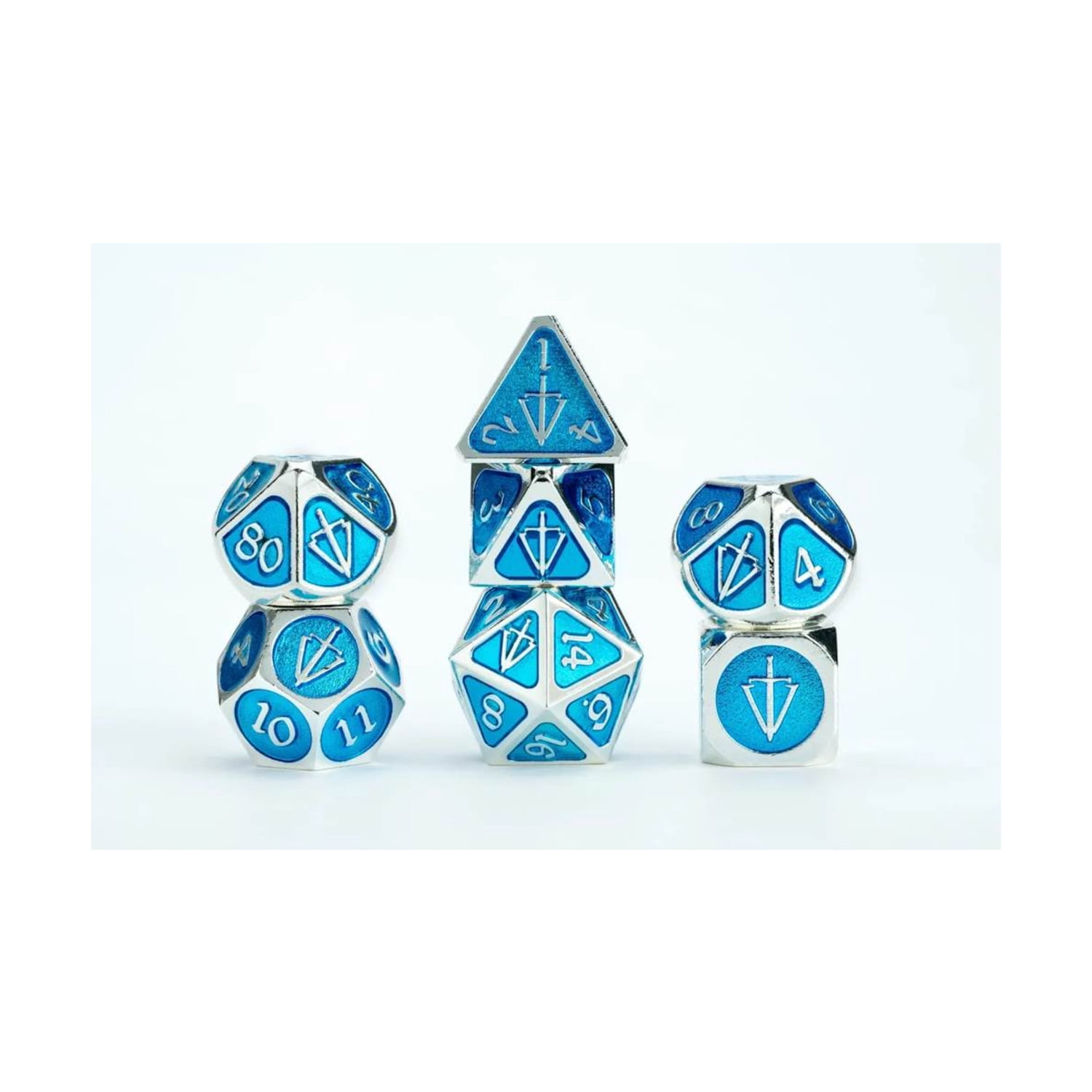 FanRoll/Metallic Dice Games Poly Set Tales of the Valiant Silver w/Light Blue (7) New