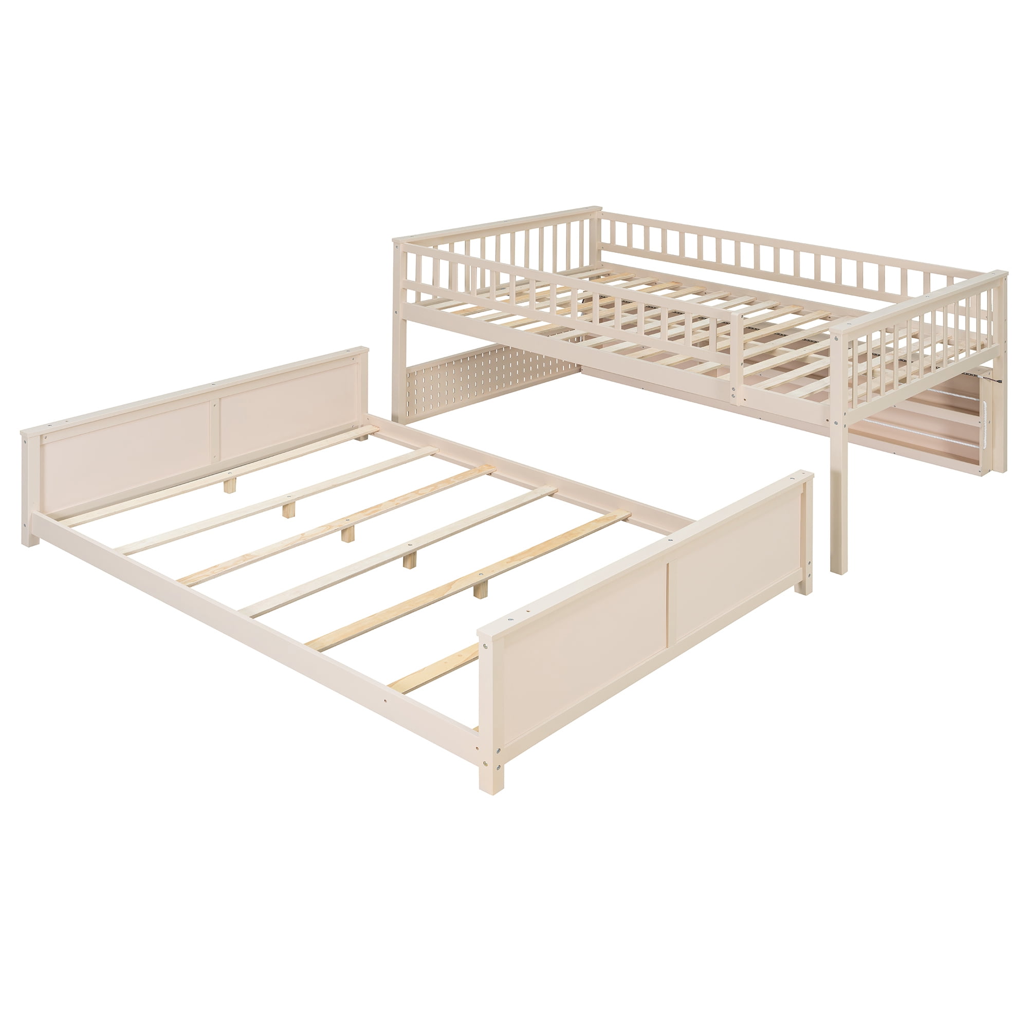 Full XL Over Queen Bunk Bed, Wood Bunk Bed with Integrated Shelving, Color-Changing Lights and Pegboard for Kids Teens Adults, Space Saving Design
