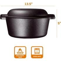 2-in-1 Pre-Seasoned Cast Iron Dutch Oven with Skillet Lid - 5 Quart Black Cookware for Baking, Casserole, and Slow Cooking