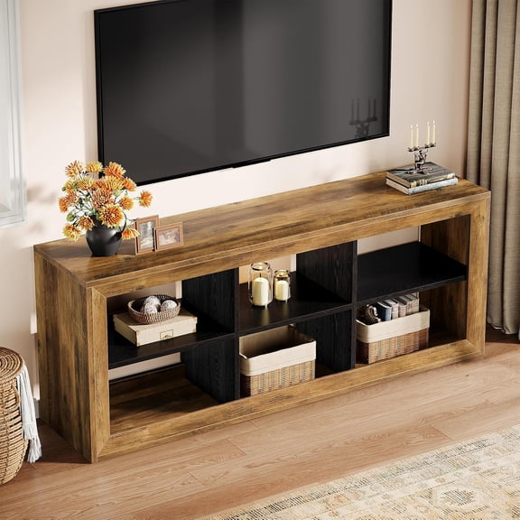 Finmind 63" TV Stand for TVs Up to 70", Farmhouse Media Console with 6 Open Storage Cubes, Rustic Brown & Black
