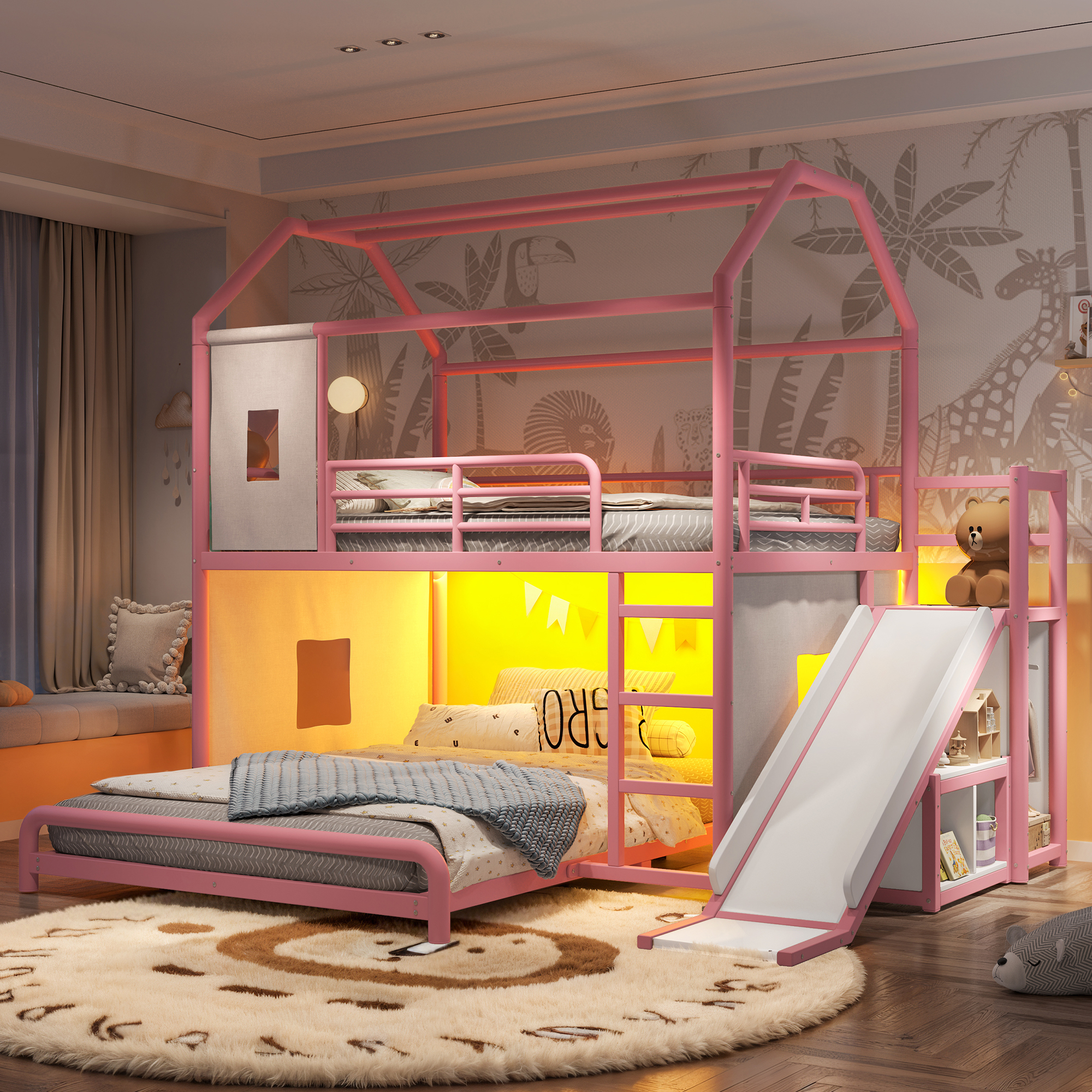 Leumius Full over Full Playhouse Metal Bunk Bed with Slide & Ladder, House Shaped Bunk Bed with LED Light Strip, Privacy Curtain, Movable Storage Cabinet and Hanging Rod for Bedroom Pink