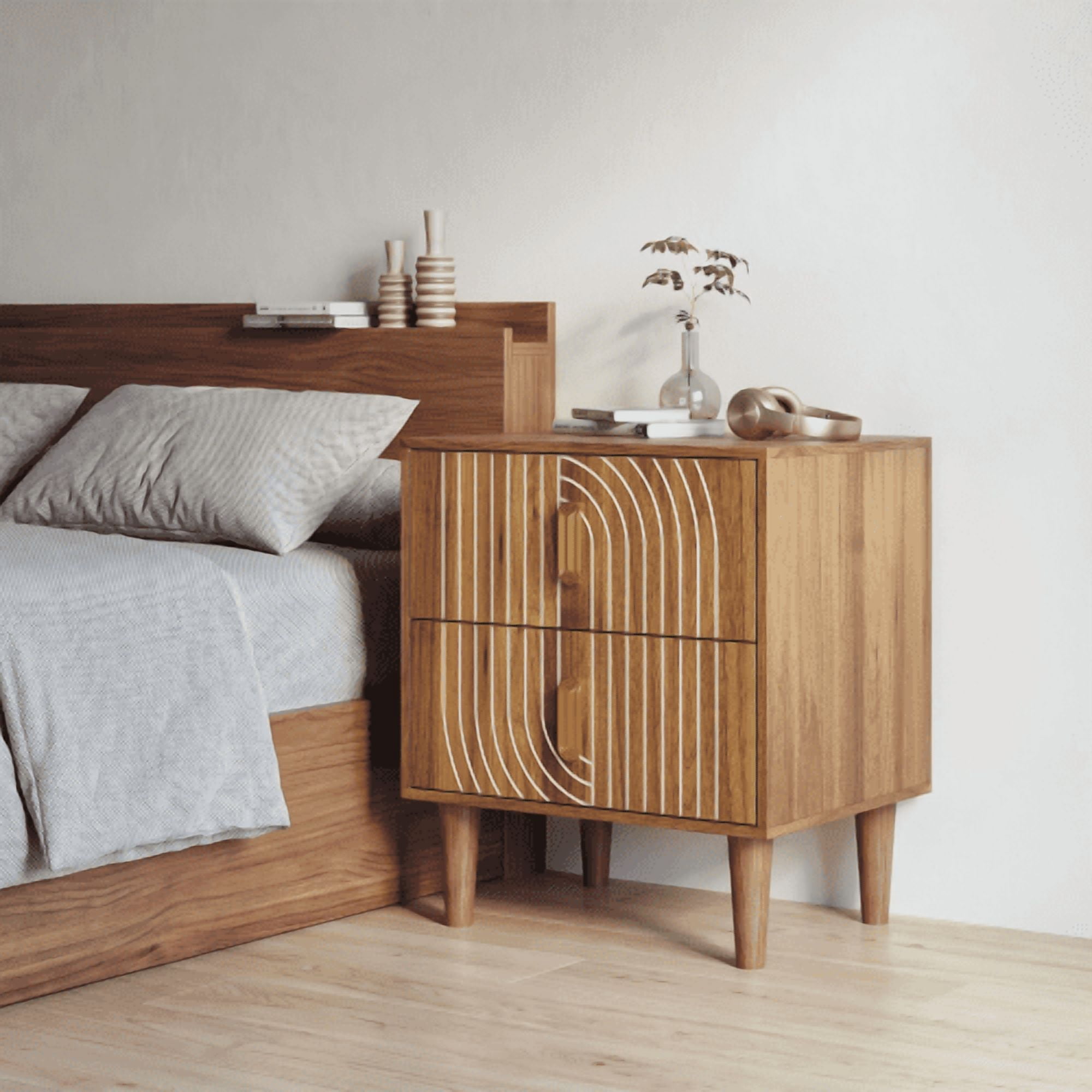 Mid-Century Modern Nightstand with 2 Drawers, Solid Wood Legs, Walnut Finish Bedside Table, Compact Storage Cabinet for Bedroom & Living Room