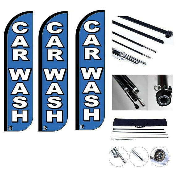 Car Wash Business Windless Feather Flutter Flag 10 x 2.5 Foot Flag and 13 Feet Pole & Ground Stake (3)