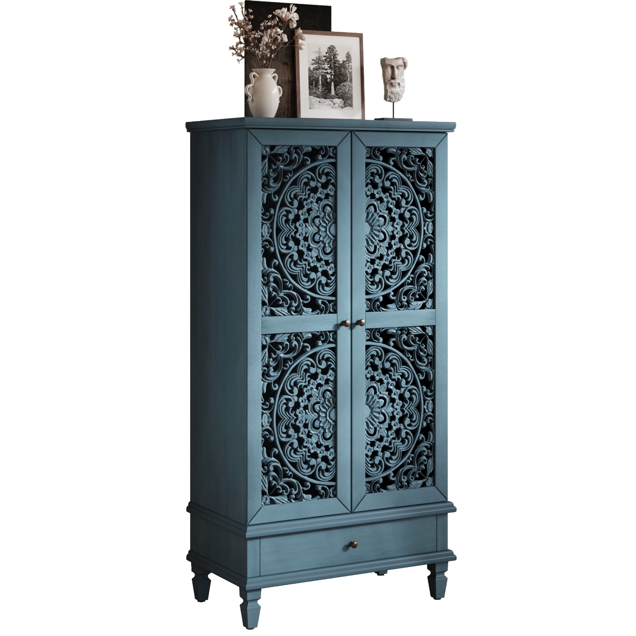 Noble house Rustic Tall Storage Cabinet with Drawer, Carved 2-Door Cabinet with Solid Wood Legs,Antique blue