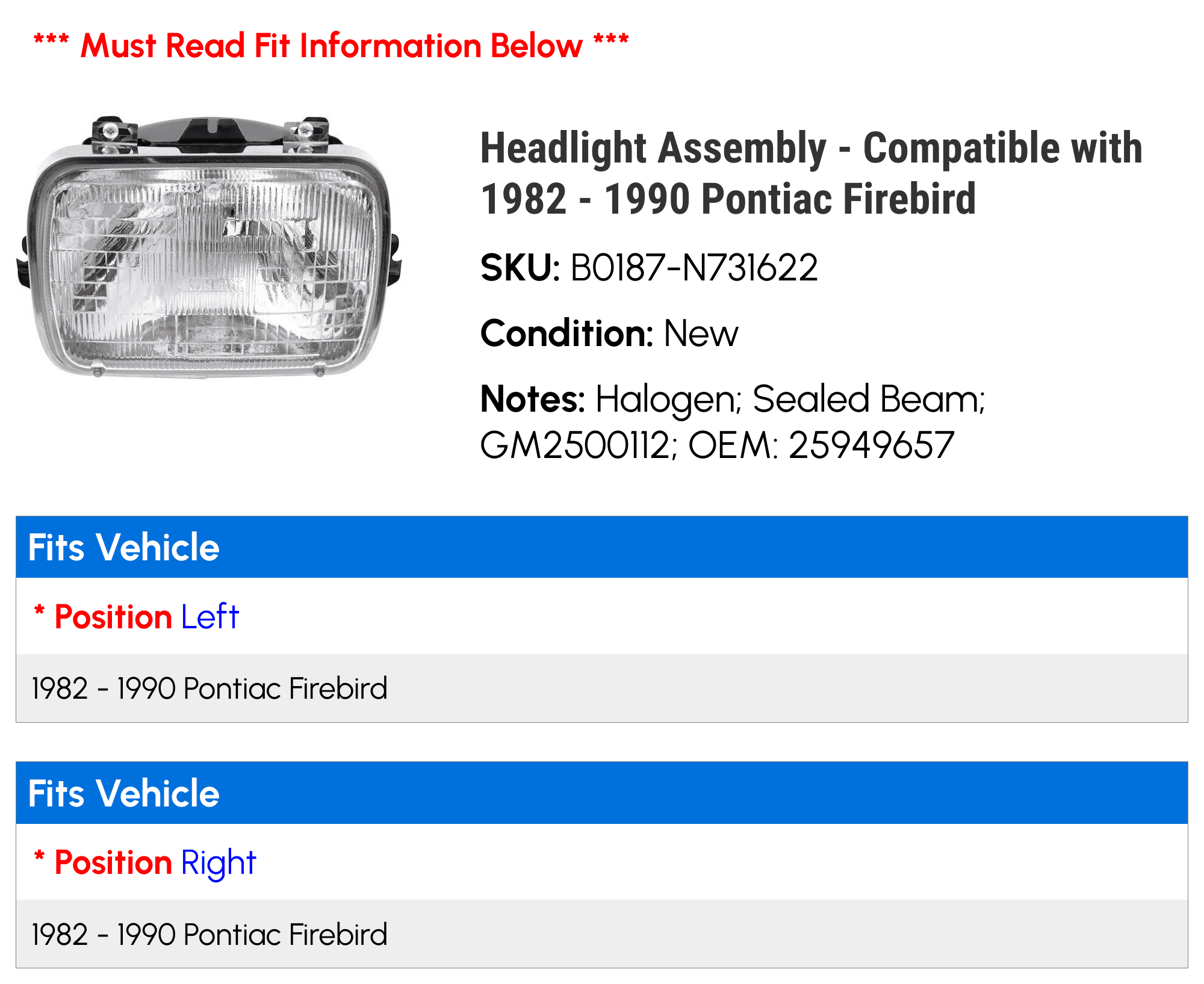 Headlight Assembly - Compatible with 1982 - 1990 Pontiac Firebird