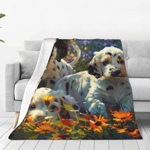 Fotbe Sunflower Field Spotted Dog Manta de Franela Acolchonada con Estampado, Súper Suave y Esponjosa, Extra Grande para Sofá, Cama, Uso Todo el Año-50"x40"