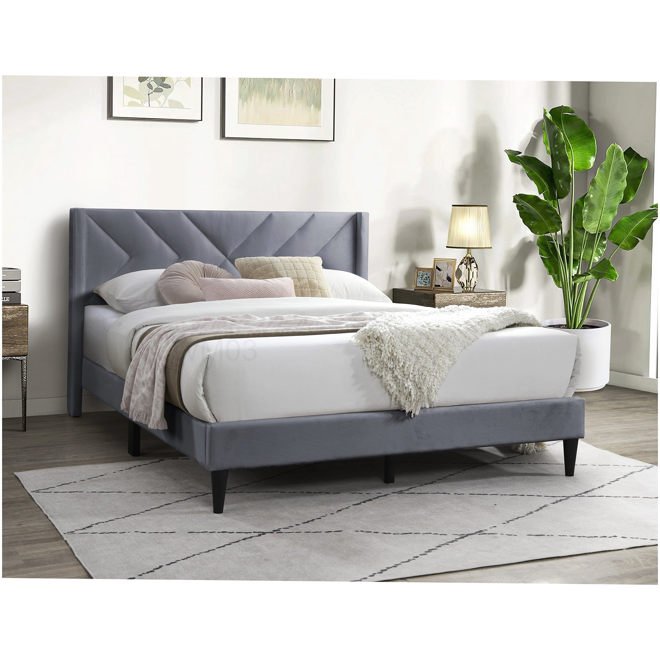 Modern Velvet Upholstered Bed Frame, Queen Platform Bed with Geometric Headboard, Grey Fabric Frame, No Box Spring Needed with Storage Space