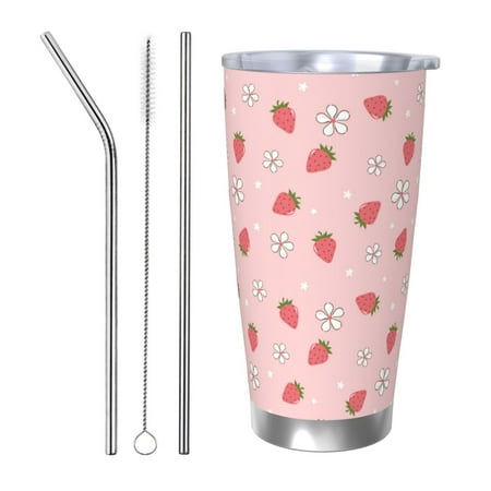 

KLL Floral Strawberr Print 40oz Stainless Steel Insulated Car Cup with Spillproof Lid - Keep Your Drink Hot or Cold on the Go-Straw Three-piece Set