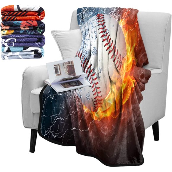 Couvertures en Flanelle Pelucheuses de Baseball, Couvertures et Jetés Doux, Cadeau pour Amie de Mère et Fille, Couverture Décorative à Motif Balle de Baseball Feu Eau pour Canapé, 60"X80 Pouces
