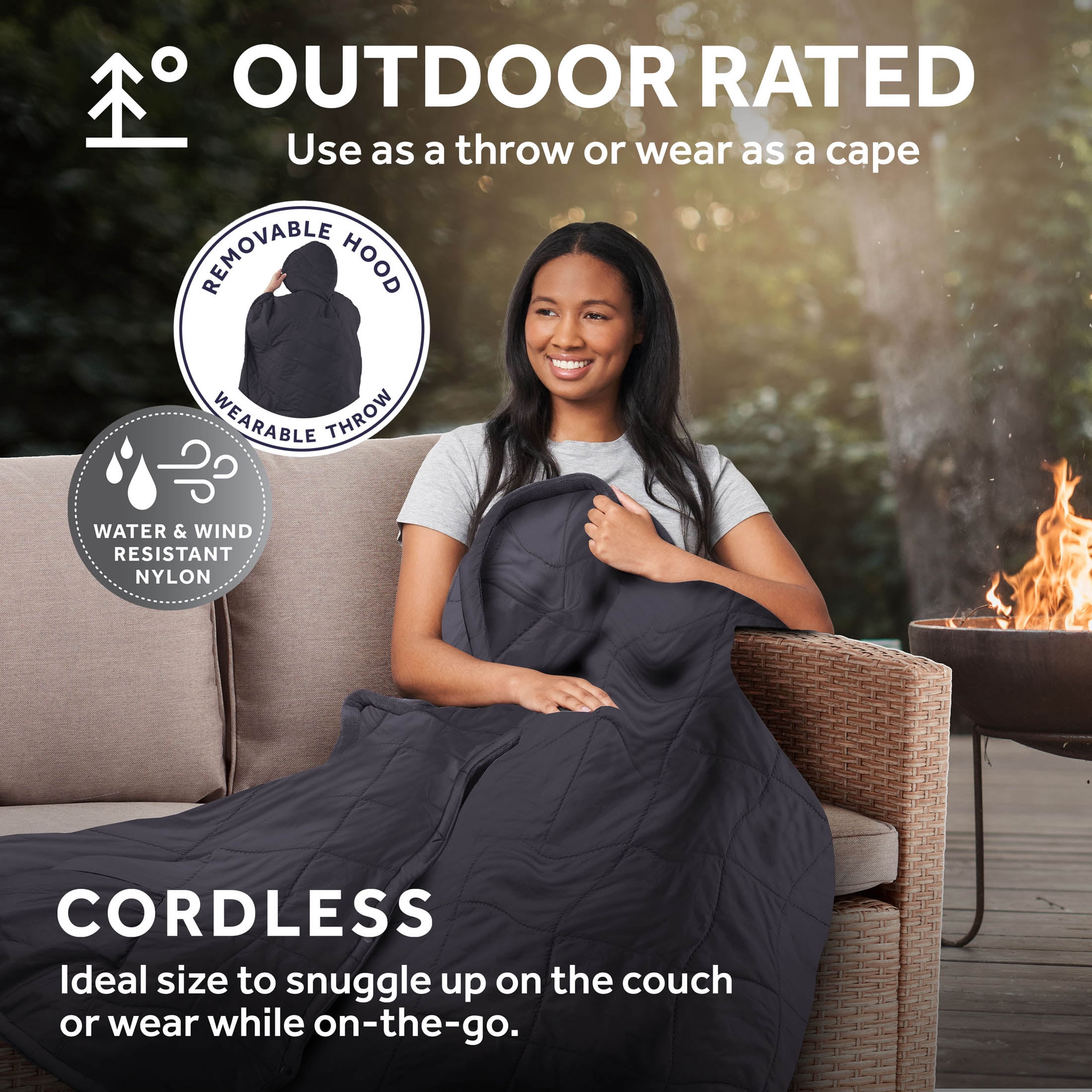 (6 pack) Sunbeam On-The-Go Outdoor Throw Charcoal Nylon Microplush, 4 Heat Settings, Cordless Heated Blanket, 50" x 60"