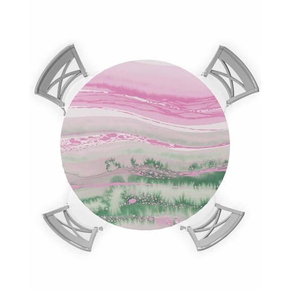 nqOlkjepod Pink Green Ombre Round Tablecloth, Fitted Table Cover with Elastic for 55"-60" Round Tables, Abstract Modern Art Fluid Striped Table Cloth Outdoor Dinning Party Waterproof Tablecloths