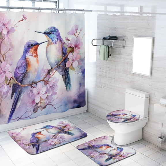 Hummingbird 4 Pcs Shower Curtain Set Purple Floral Flower Bird Spring Garden with 12 Hooks, Bath Mat Set Bathroom Decor by Durable Waterproof Fabric, 72x72 Inch