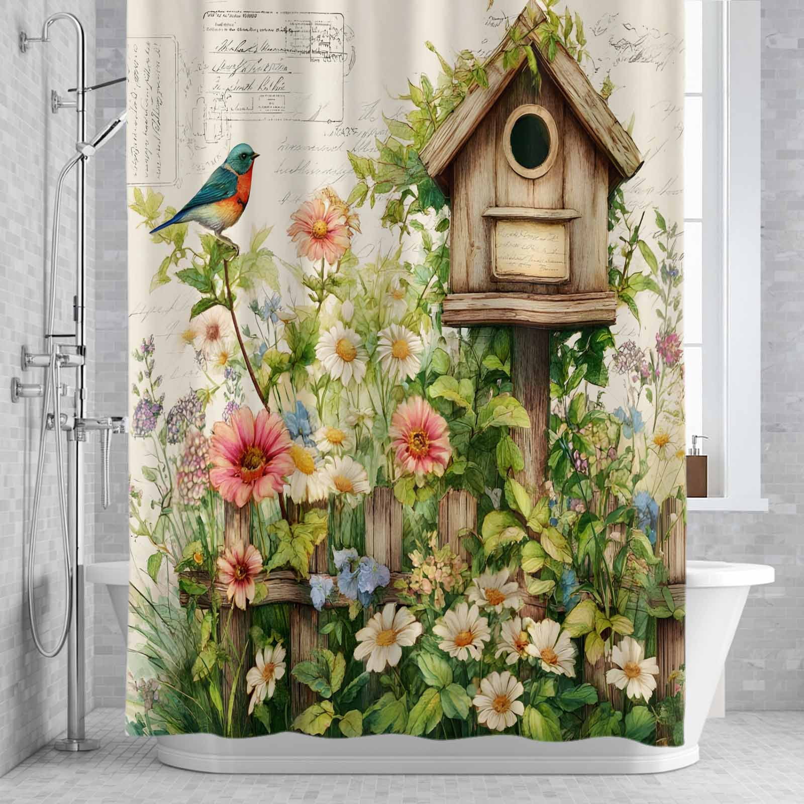 Spring Flowers Shower Curtain for Bathroom, Country Watercolor Bird House Fence White Floral Leaf Beige Waterproof Cloth Fabric Bathroom Accessories Set with 12 Rust Proof Plastic Hooks, 36"x78"