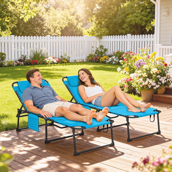 Outsunny 2 Piece Folding Chaise Lounge Pool Chairs with 5-level Reclining Back, Outdoor Sun Tanning Chairs with Reading Hole, Side Pocket, Blue