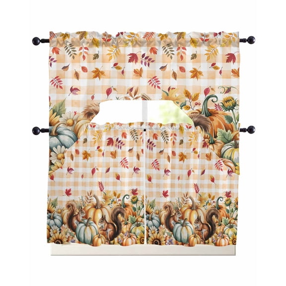 Orange Fall Pumpkins Swag Curtains for Living Room/Bedroom Windows, Leaf Squirrel Country Plaid Farmhouse Kitchen Curtains and Valances Set 36 Inch Length, Swags Valance Curtain Panels