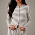 thumbnail image 4 of Women's Fall Striped Knit 2 Piece Outfit Long Sleeve Button Down Cardigan Top & Wide Leg Pants Set with Drawstring Waist Casual Loungewear for Daily Wear, Work L, 4 of 5
