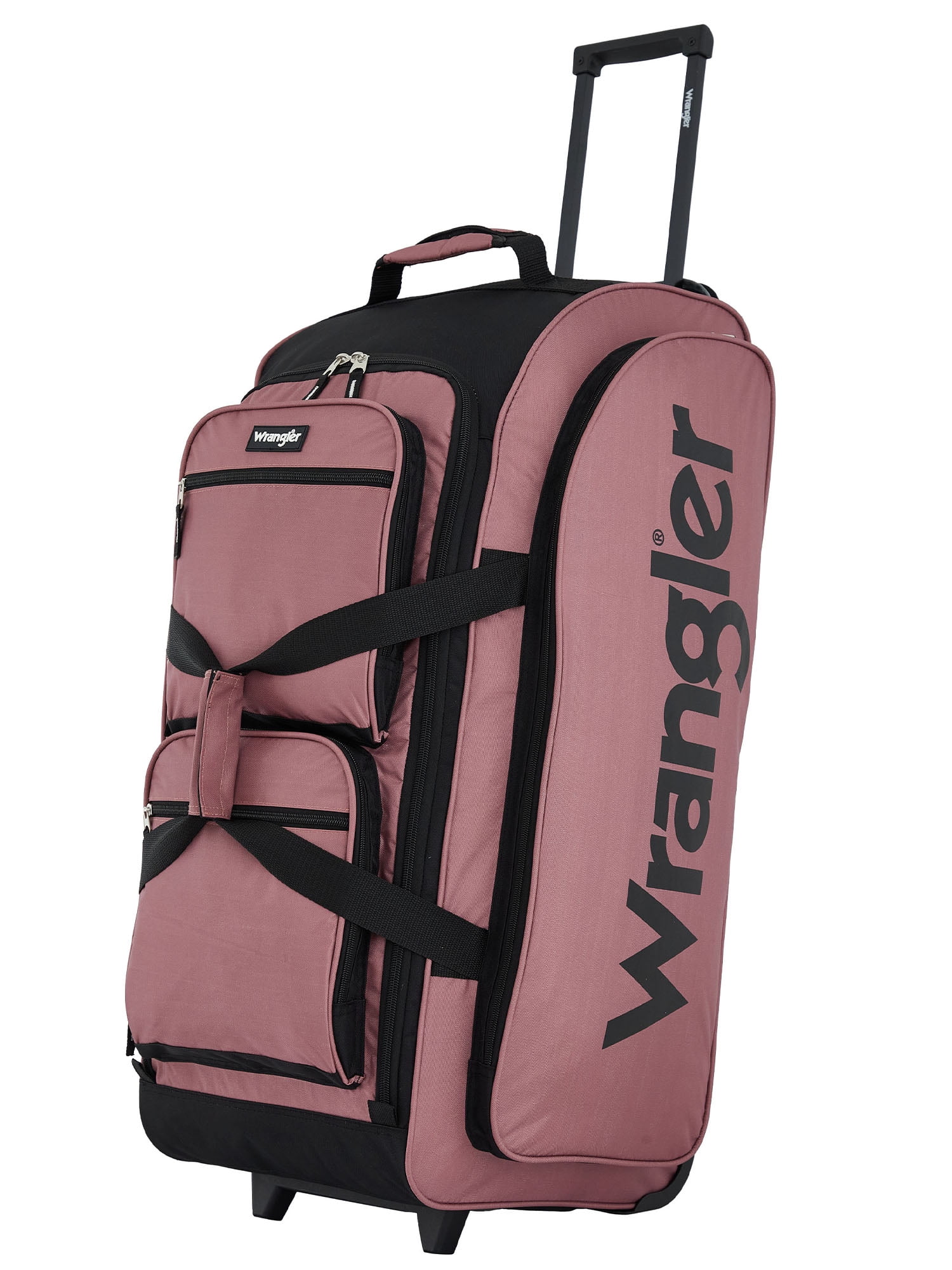 Wrangler 30-inch Large Checked Multi-Pocket Upright Rolling Duffel Bag for Travel, Dusty Rose
