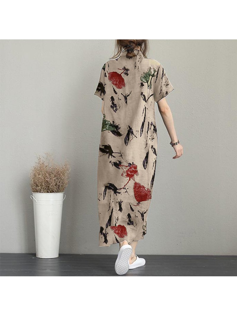 ZANZEA Dresses for Womens Short Sleeve Printed Vintage Midi Dress -  Walmart.com