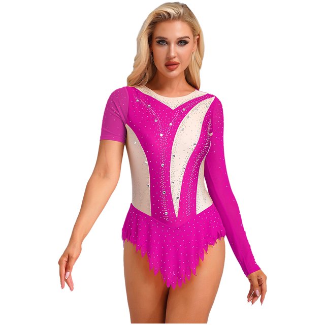 YONGHS Women's Color Block Figure Ice Skating Dress Shiny Rhinestone Ballet Skirted Leotard Dresses Hot Pink L