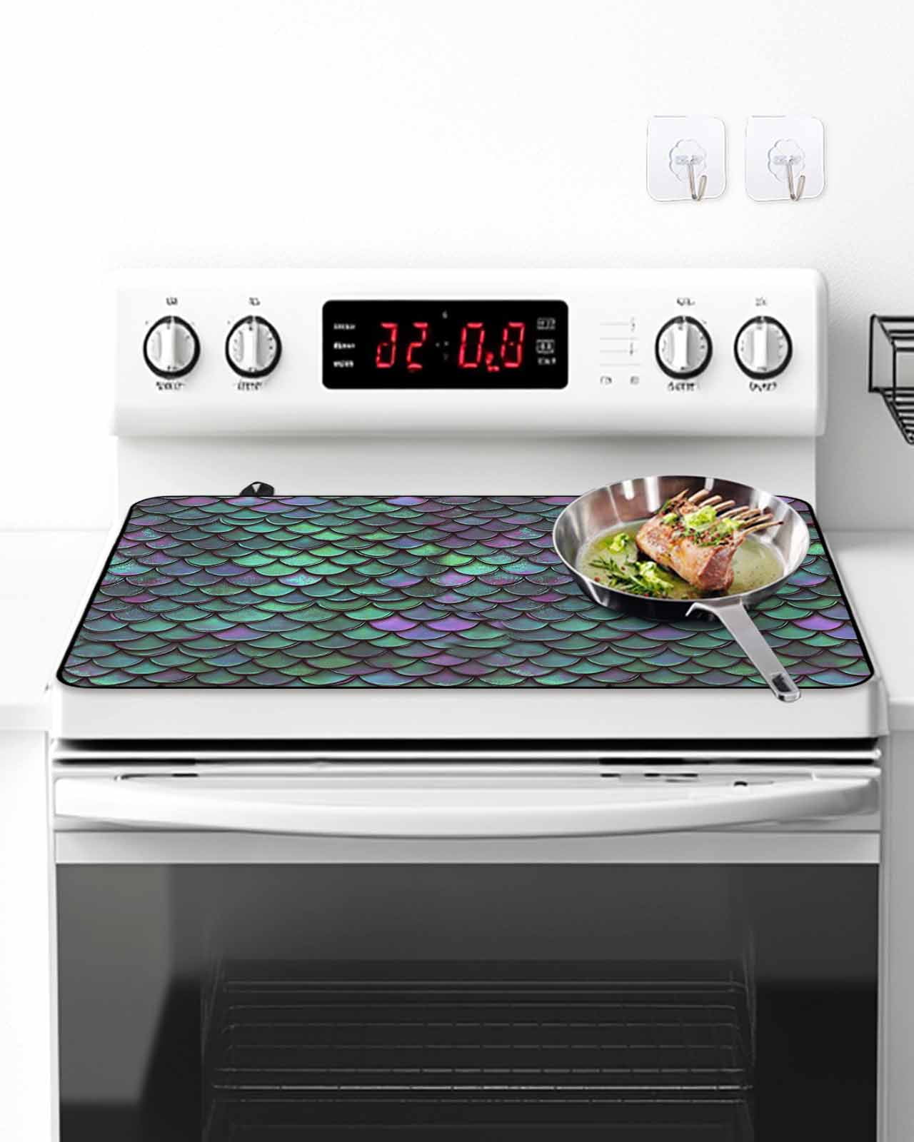 Stove Top Covers for Electric Stove, Coastal Teal Green Glass Stovetop Cover Protector, Modern Ocean Mermaid Scales Induction Cooktop Protector Oven Mat for Kitchen Countertop 28.5"x20.5"