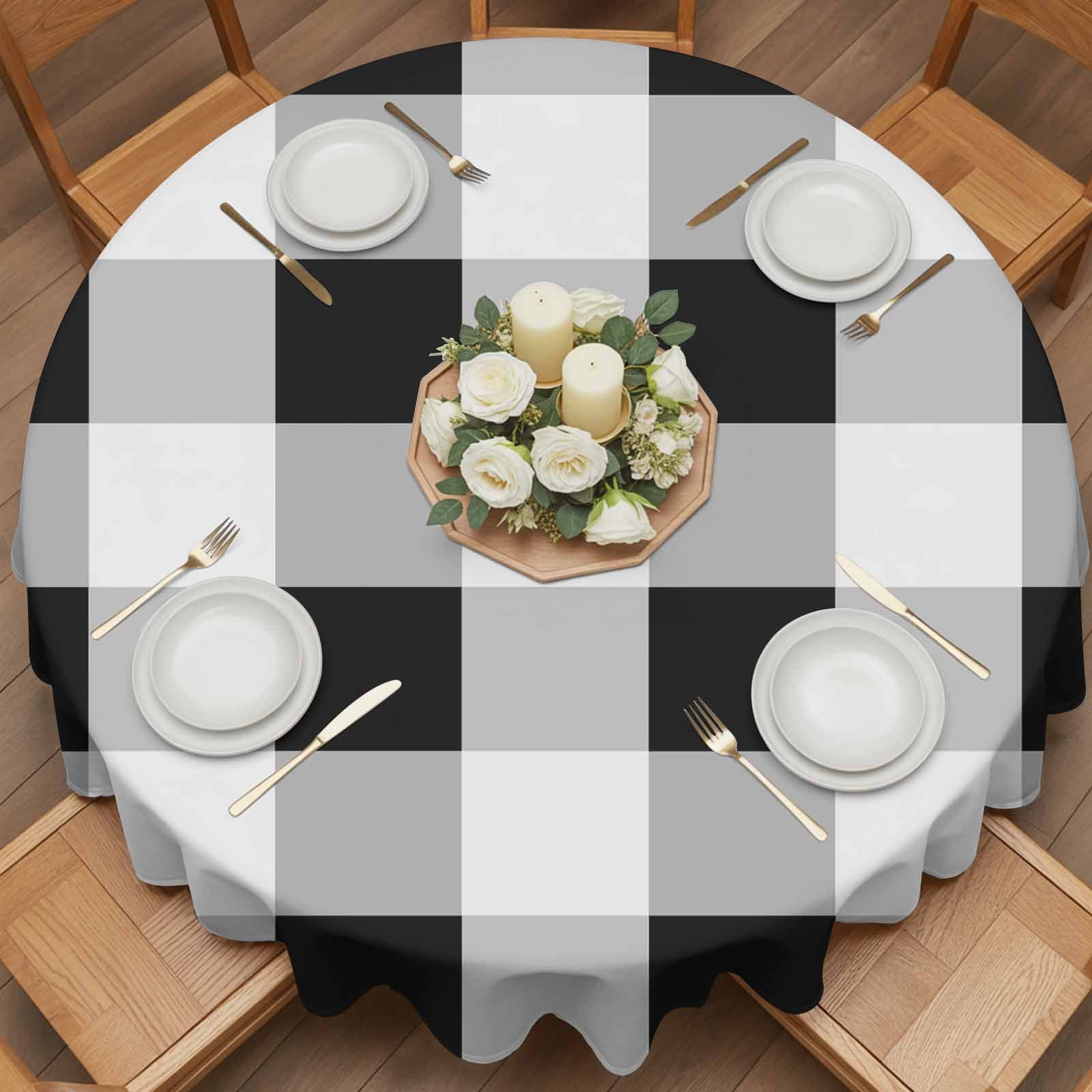 Round Tablecloth Black White Plaid Waterproof Oil Proof Polyester Table Cloth Cover Decor for Home Dining Outdoor,Patio,Parties, 60" Dia. Checkerd Pattern