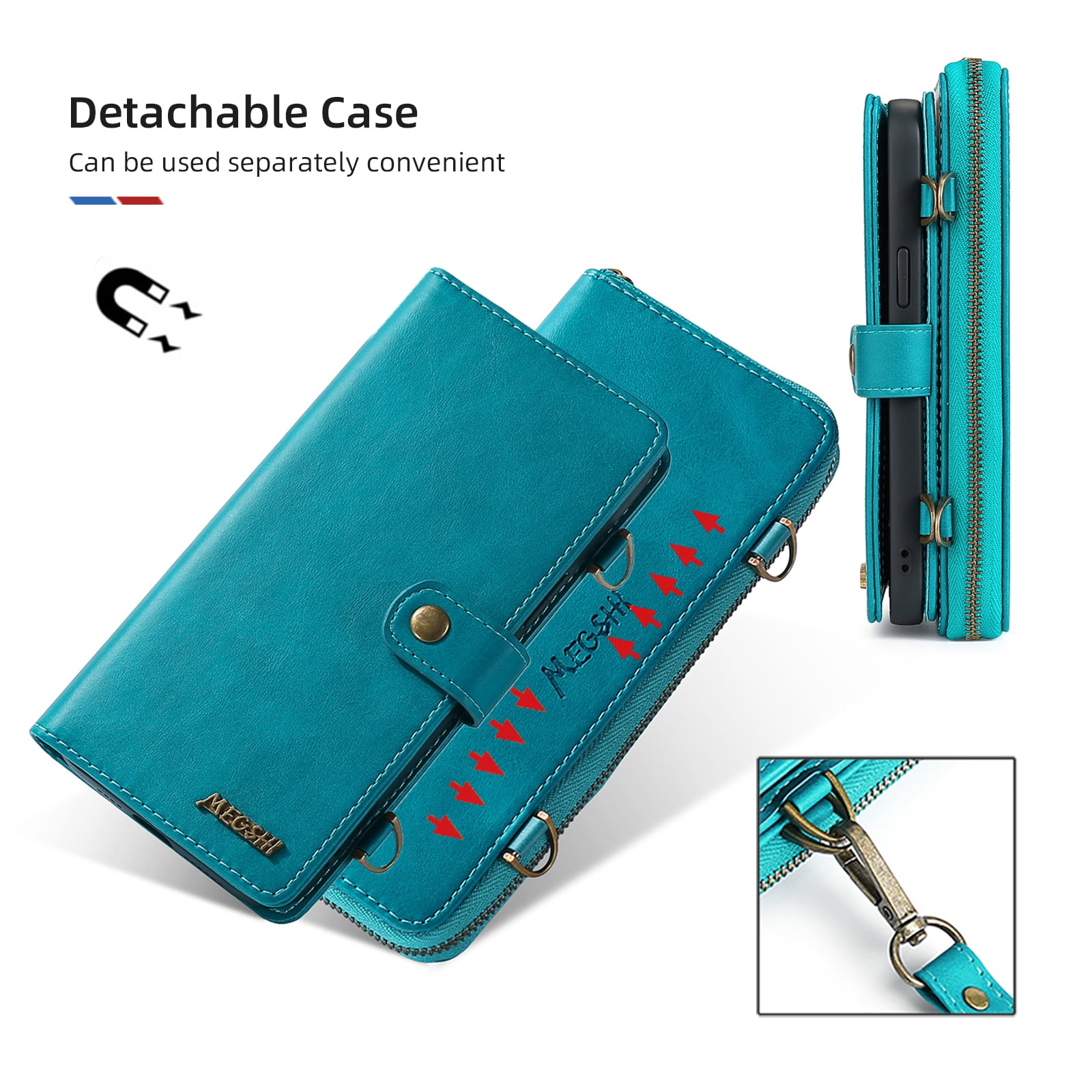 Galaxy S22 Wallet Case Premium Leather Flip Zipper Detachable Magnet Wallet Stand Card Holder Case with Crossbody Lanyard Strap Zipper Pocket Cover for Samsung Galaxy S22 6.1 inch 2022,Blue
