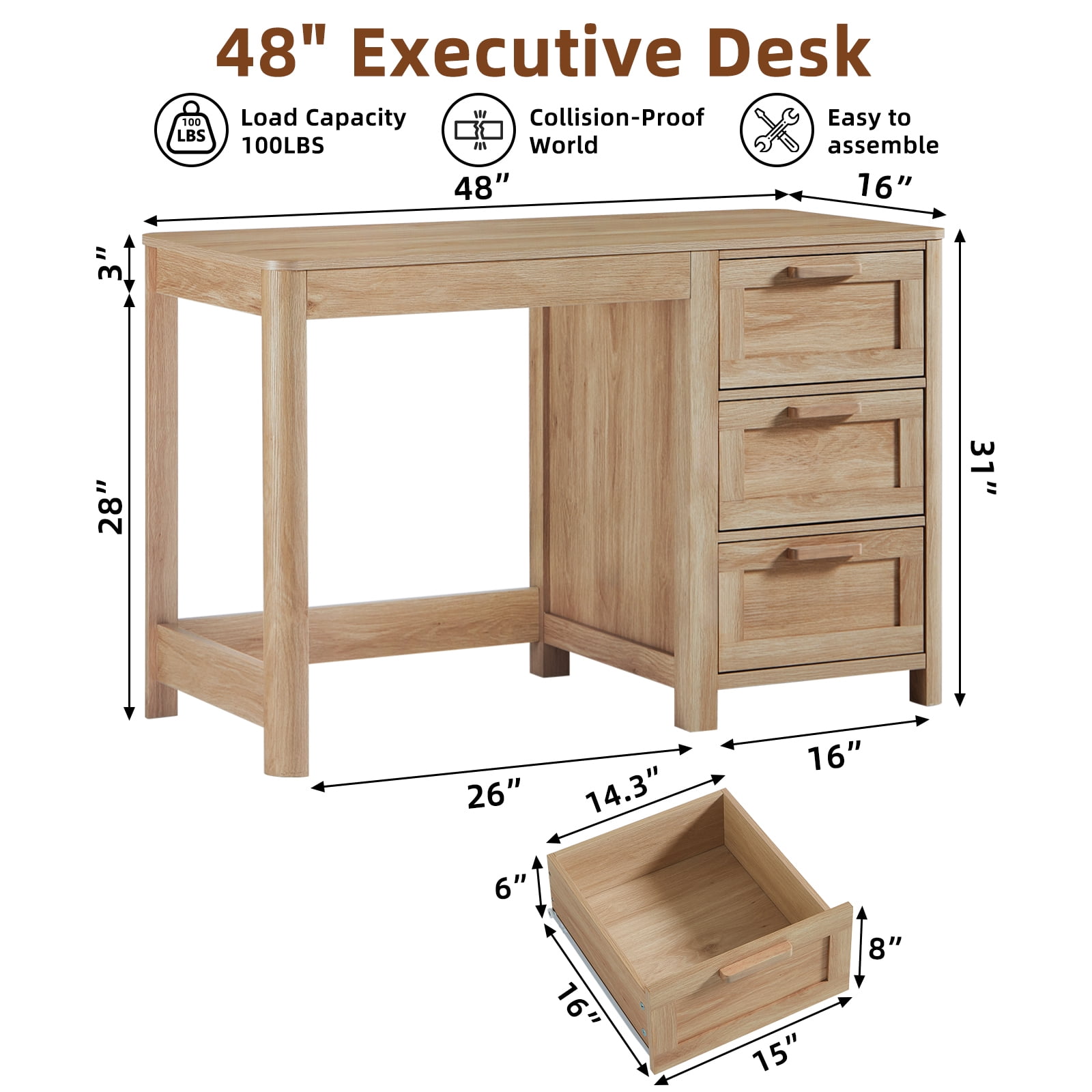 Leyaoyao Home Office Desk 48" Modern Computer Desk Small PC Table with Storage Cabinet, Compact Study Writing Desk for Bedroom, Natural Oak