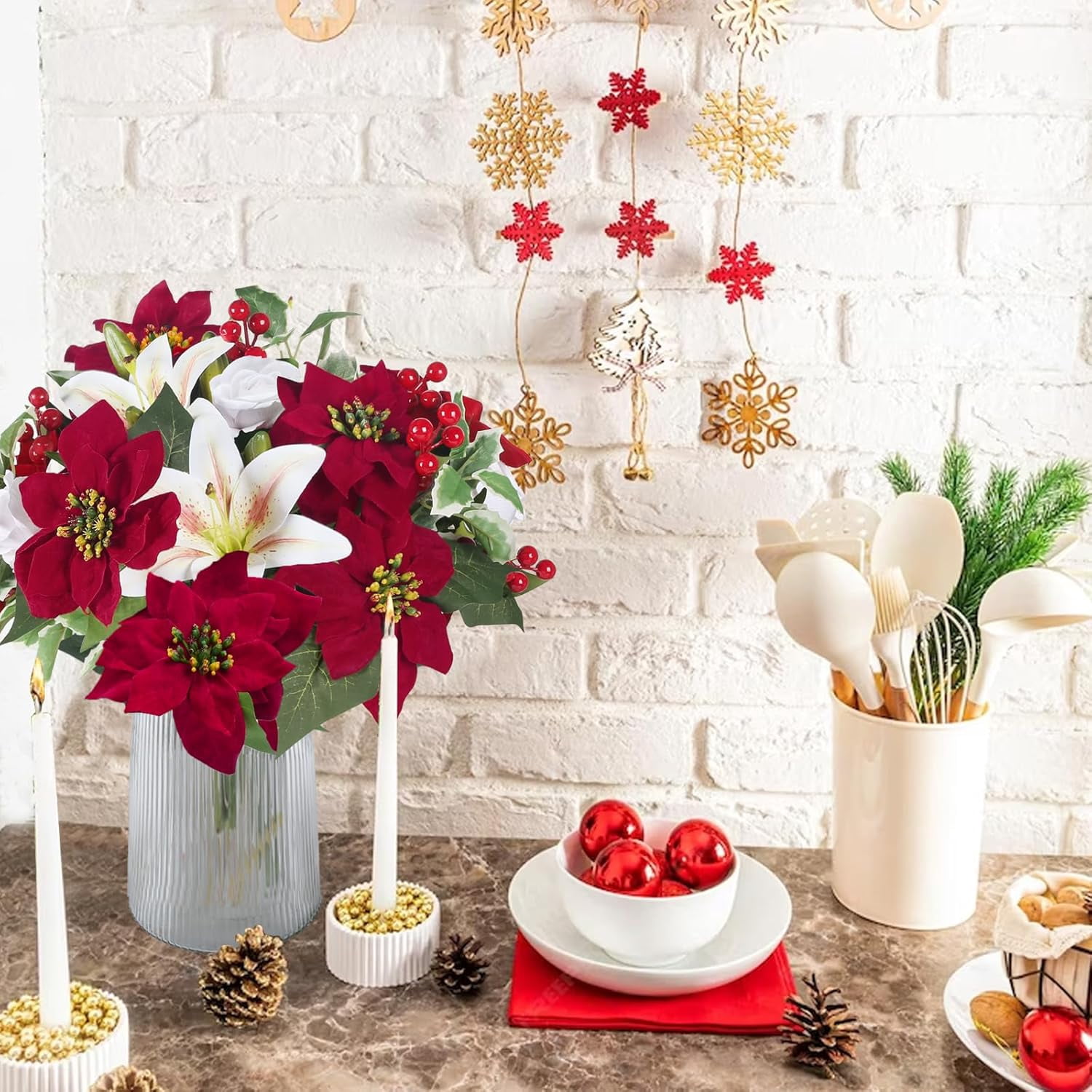 Artificial Poinsettia Bouquet Flowers Head Christmas Flowers Silk Floral Arrangement Lily Rose with Red Berries for Porch Home Table Decor Indoor Outdoor Xmas Holiday Party