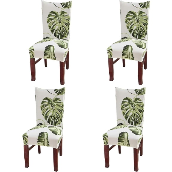 Set of 4 Dining Chair Covers, Stretch Spandex Dining Room Protector Slipcovers (Style 55, Green Leaves)