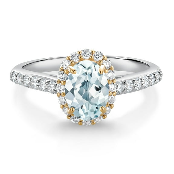 Gem Stone King 10K White Gold Sky Blue Aquamarine Lab Grown Diamond Halo Engagement Ring for Women (1.06 Cttw, Oval 7X5MM, Gemstone March Birthstone, Size 5)