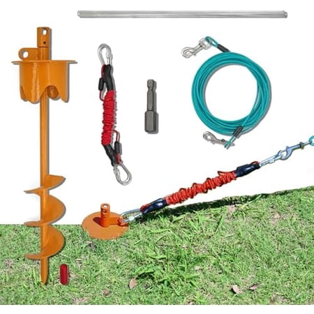 Dog Stakes for Outside Heavy Duty Hold up to 350Lbs Large Dogs Tie Out Tether Leash Chain for Yard Screw in Ground Anchors 17inch with Buffer Rope Orange 15 FT Steel Cable