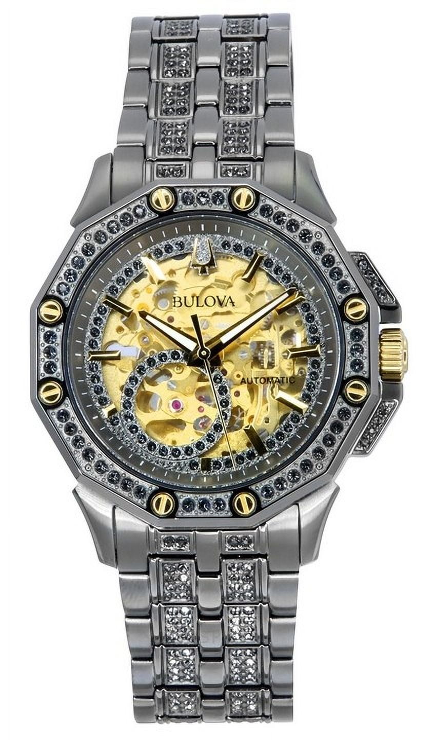 Bulova Octava Crystal Accents Stainless Steel Skeleton Gold Dial ...