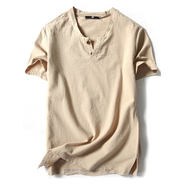MAWCLOS Mens Tees Cotton Linen Tops Solid Color T Shirt Casual Beach Retro Style Pullover Apricot-2 2XL