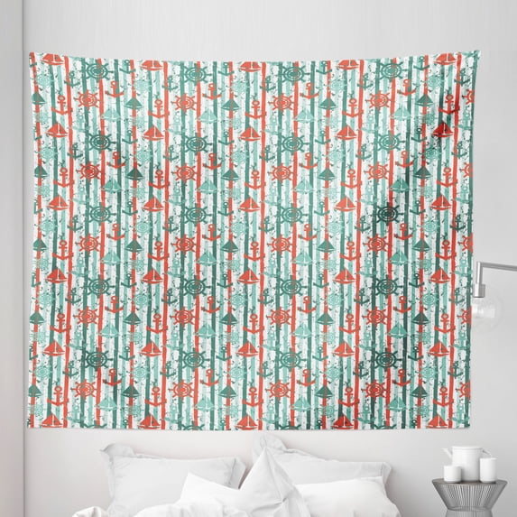 Nautical Tapestry, Marine Sailing Themed Grunge Boats Anchors Stripes Seafoam Details, Fabric Wall Hanging Decor for Bedroom Living Room Dorm, 5 Sizes, Grey Teal and Burnt Sienna, by Ambesonne