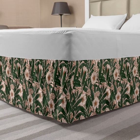 Floral Bed Skirt, Negative Exposure Effect Blossomed Pinkish Anemone Plant Overlapped Lobed Leaves, Elastic Bedskirt Dust Ruffle Wrap Around for Bedding Decor, 4 Sizes, Multicolor, by Ambesonne