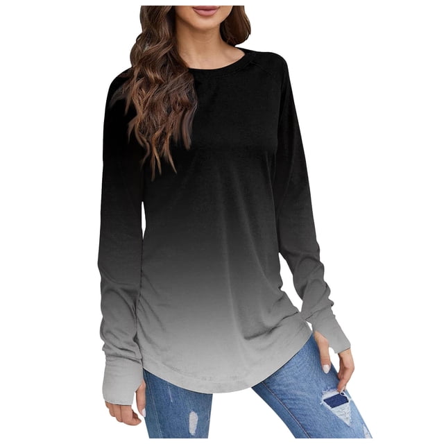 Hauts de Printemps pour Femmes Manches Longues Col Rond Mode Basique Tunique Imprimée Trou de Pouce T-Shirts pour Femmes Noir L