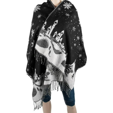 Aerusi Men or Women's Reversible Snow Village Blanket Cashmere Scarf Wrap Oversized Shawl with Fringes